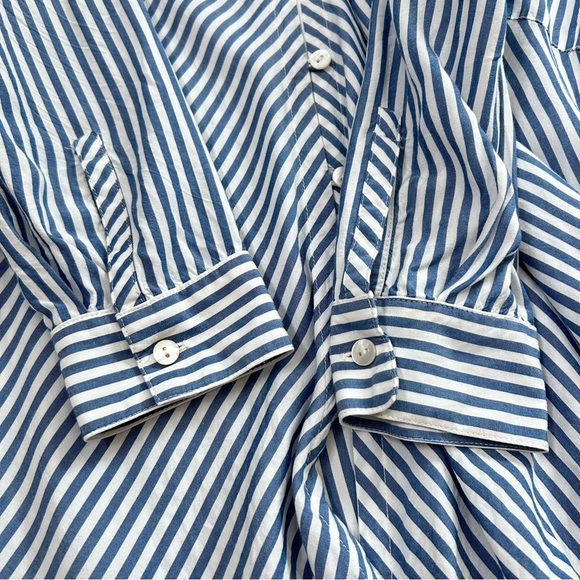 J Jill Blue White Striped Button Down Shirt Roll Tab Sleeves Size Medium Office - Picture 12 of 13